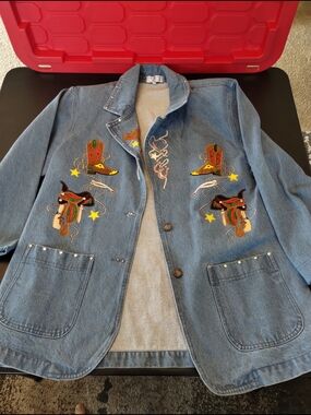 Vintage "Grandma Core"Embroidered Western Denim Jacket - Blue Size Large